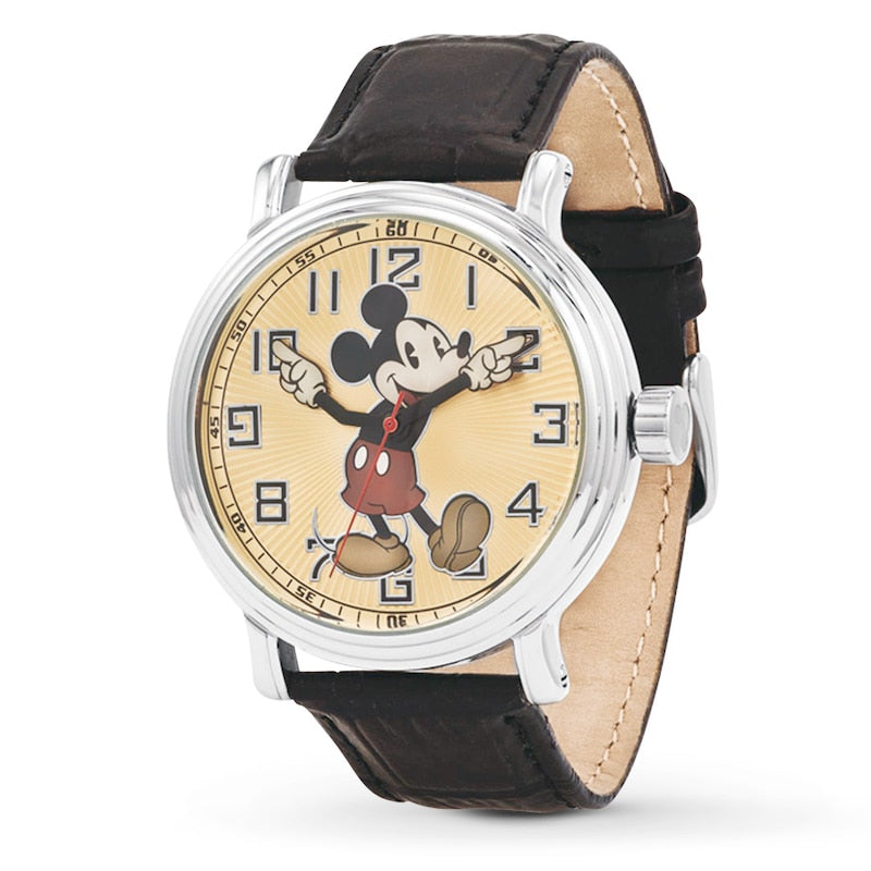 Watch with a black leather strap and a vintage-style Mickey Mouse face on a beige background