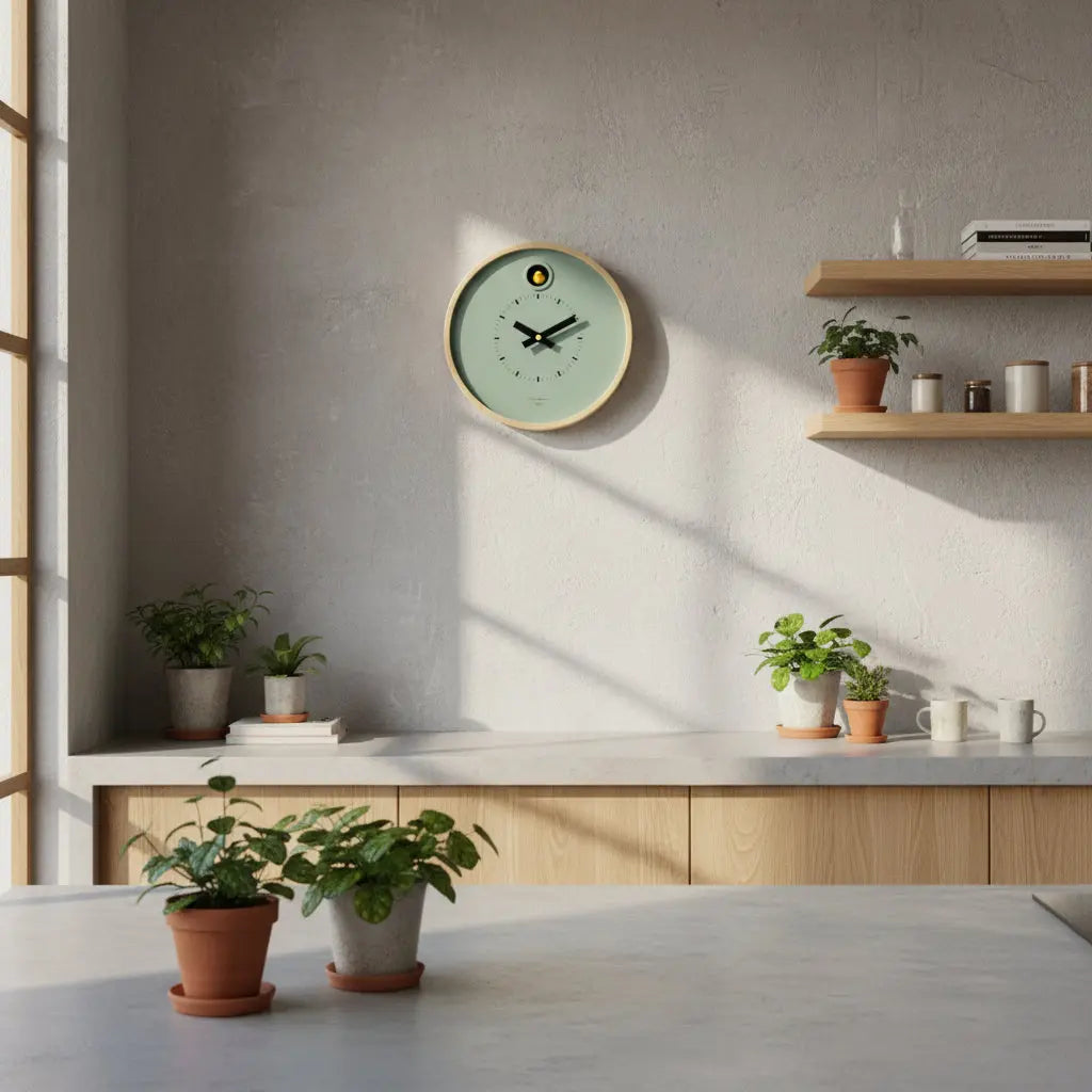 Sunlit kitchen with potted plants on the counter and shelves, light wood cabinets, and a Cloudnola Clock – Dot Sage Green Cuckoo Clock (0261) by Cloudnola displaying 7:07 on the wall.