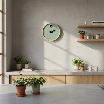 Sunlit kitchen with potted plants on the counter and shelves, light wood cabinets, and a Cloudnola Clock – Dot Sage Green Cuckoo Clock (0261) by Cloudnola displaying 7:07 on the wall.
