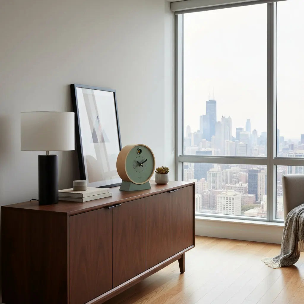 A modern living room featuring a wooden sideboard, lamp, framed art, a contemporary Sage Green Dot Cuckoo Clock by Cloudnola (model 0261), and a small plant. A large window offers views of tall buildings against a cloudy city skyline.