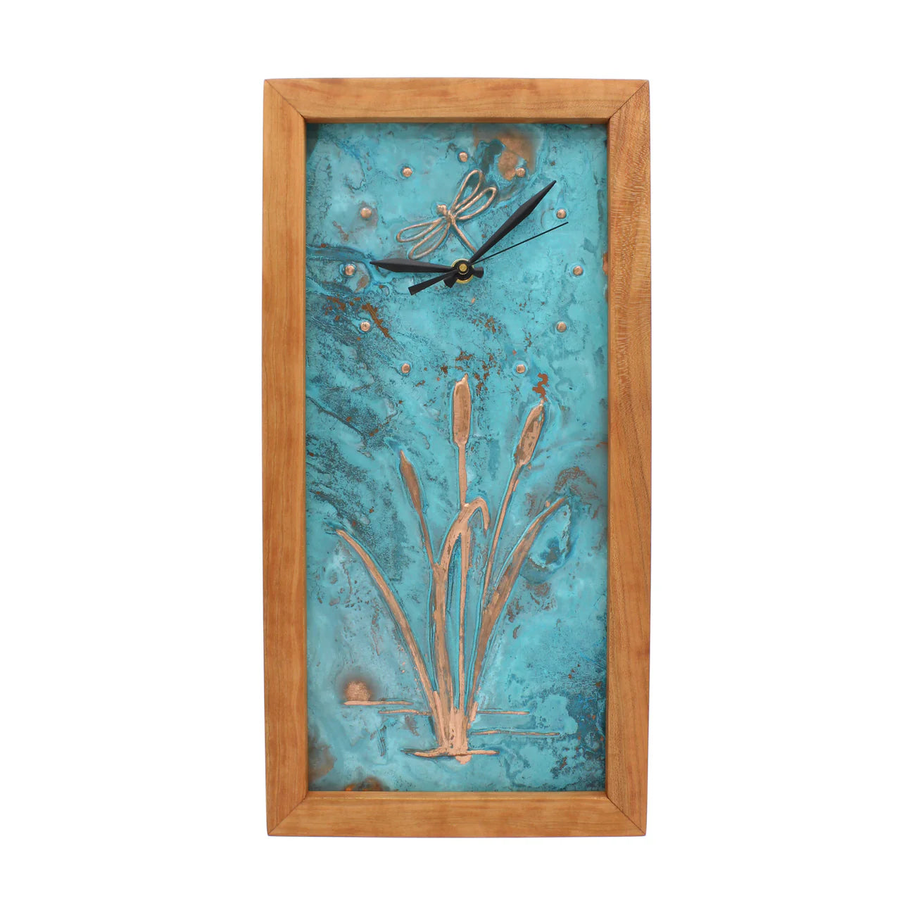 Sabbath Day Woods - Patina Dragonfly with Cat Tails - Tall Box Clock