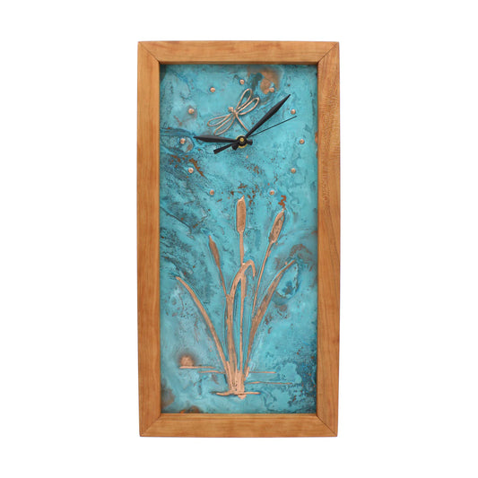 Sabbath Day Woods - Patina Dragonfly with Cat Tails - Tall Box Clock