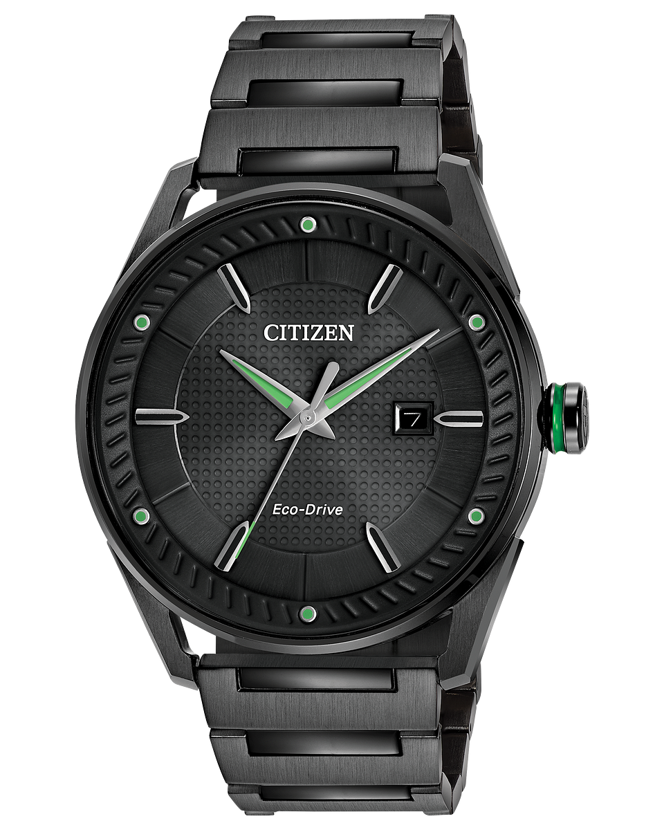 The Citizen Watch - Drive BM6985-55E for men features a black ion-plated stainless steel band, black textured dial with silver hands, green accents, date at 3 o’clock, and a green crown ring—a sleek modern style perfect for any occasion.