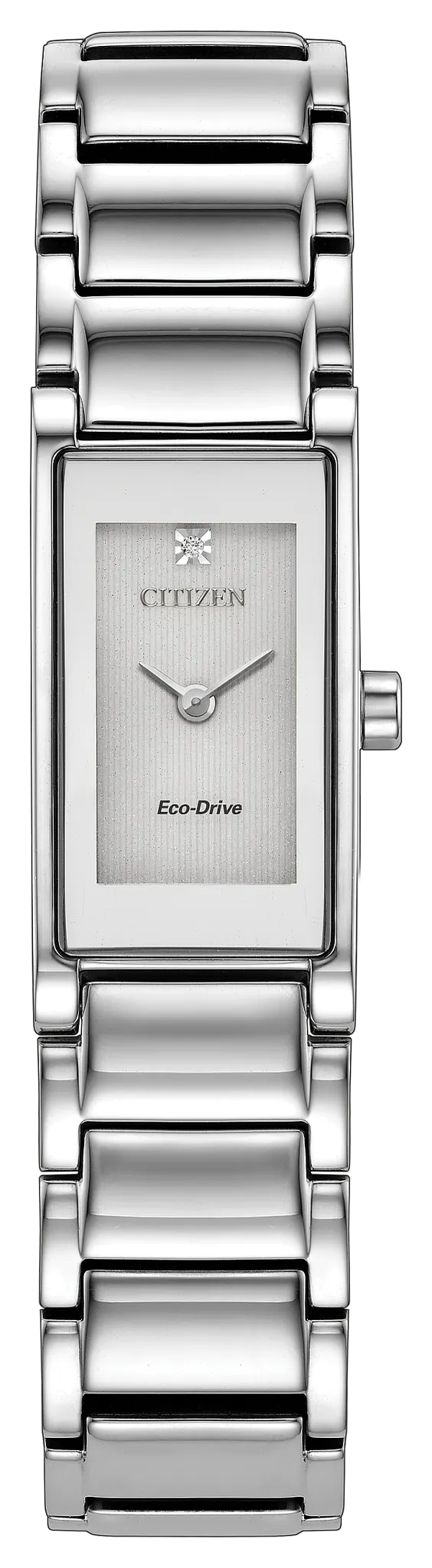 Introducing the Citizen Watch - Ladies' Axiom - EG7051-51A, a sophisticated silver timepiece by Citizen featuring a rectangular face, minimalist design, and a sleek metal link band. This elegant ladies dress watch showcases a single hand, a subtle textured dial, and a refined diamond marker for added sophistication.