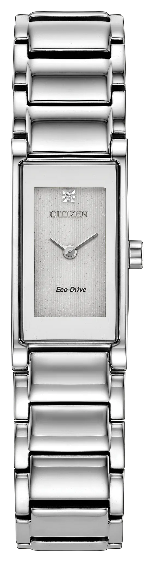 Introducing the Citizen Watch - Ladies' Axiom - EG7051-51A, a sophisticated silver timepiece by Citizen featuring a rectangular face, minimalist design, and a sleek metal link band. This elegant ladies dress watch showcases a single hand, a subtle textured dial, and a refined diamond marker for added sophistication.