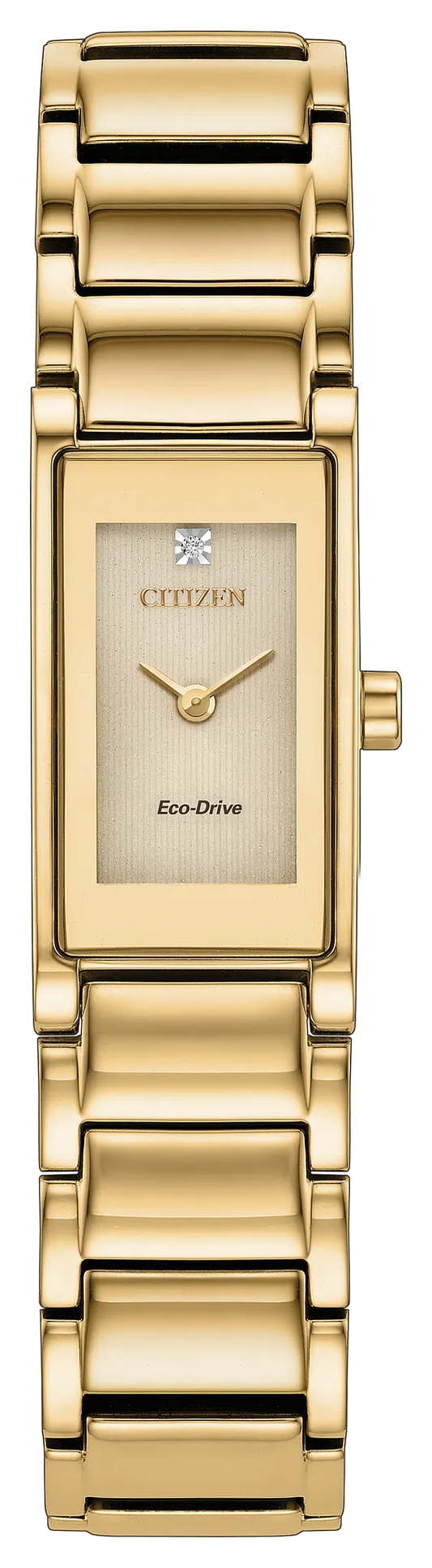 Introducing the Citizen Watch - Ladies' Axiom (EG7052-59P) by Citizen: a gold-tone rectangular Eco-Drive timepiece with a linked bracelet, minimalist dial, and a single diamond accent at 12 o’clock. This elegant ladies’ watch showcases gold-tone hour and minute hands for a truly timeless appeal.