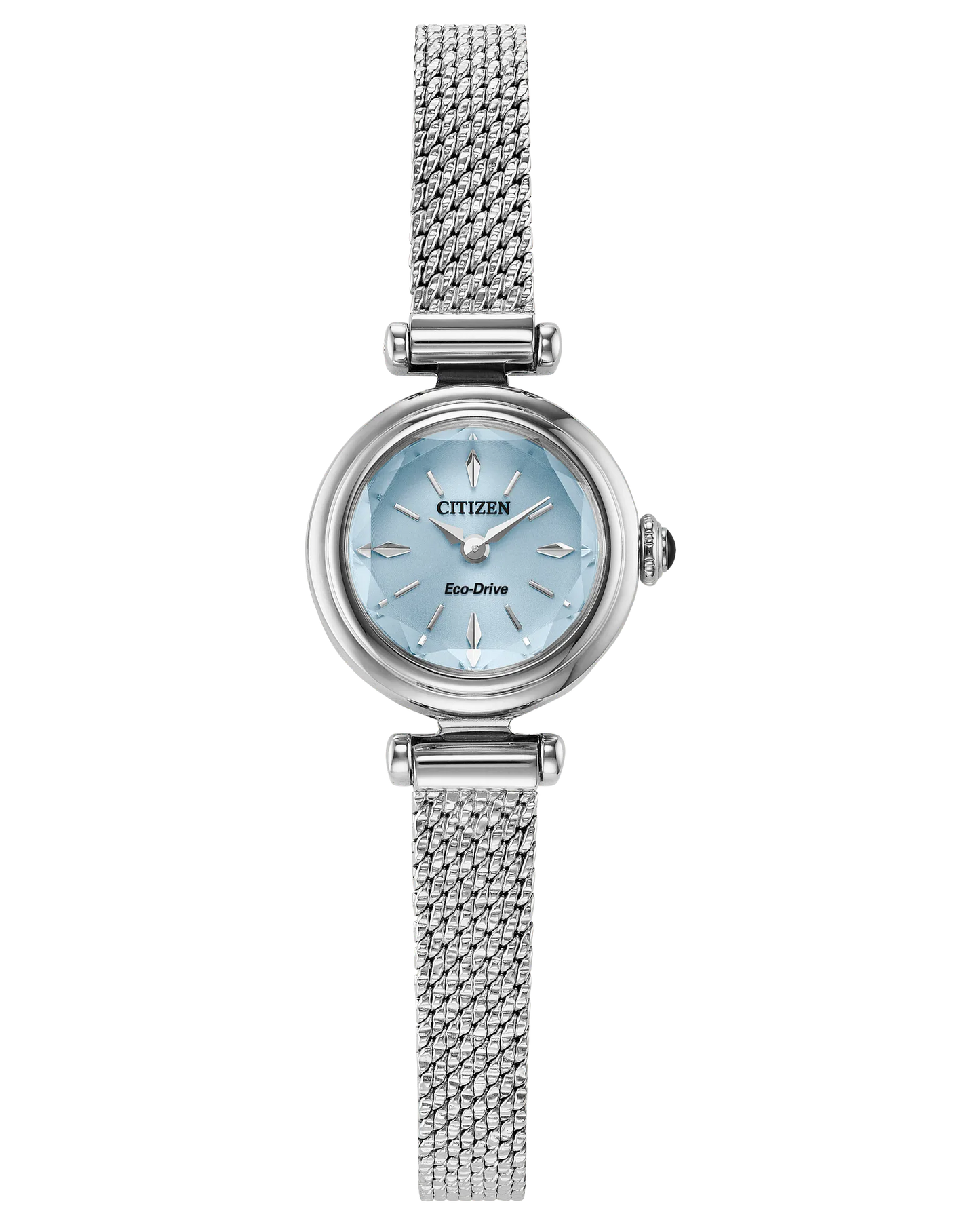 The Citizen Watch - Fio - EG7081-51L is a women’s silver Eco-Drive watch with a minimalist light blue round face, silver markers and hands, and a sleek stainless steel mesh bracelet by Citizen.