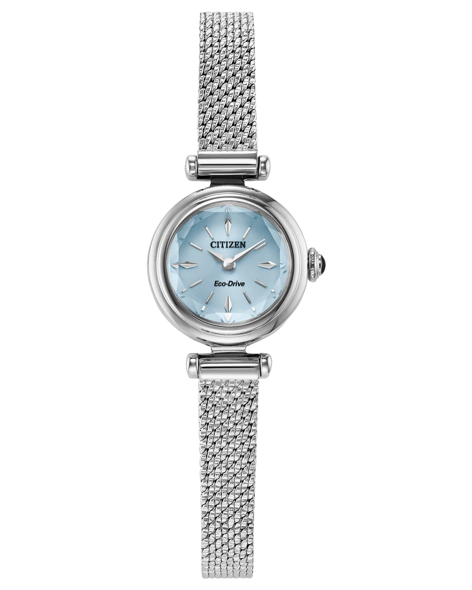 The Citizen Watch - Fio - EG7081-51L is a women’s silver Eco-Drive watch with a minimalist light blue round face, silver markers and hands, and a sleek stainless steel mesh bracelet by Citizen.