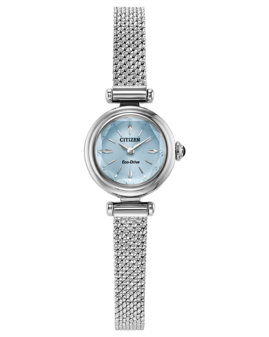 The Citizen Watch - Fio - EG7081-51L is a women’s silver Eco-Drive watch with a minimalist light blue round face, silver markers and hands, and a sleek stainless steel mesh bracelet by Citizen.