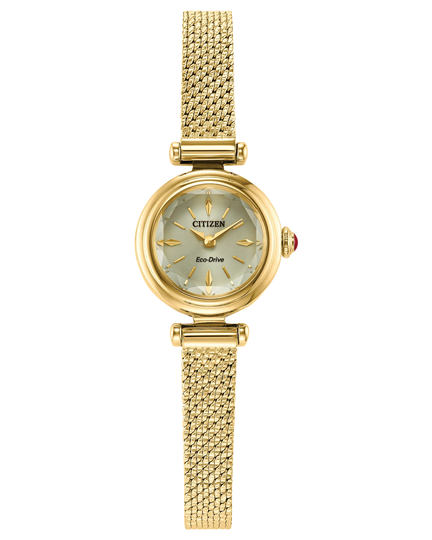The Citizen Watch - Fio - EG7086-57P is a gold-tone stainless steel women's Eco-Drive watch featuring a round face, gold mesh band, and a red crown detail, shown against a plain white background.