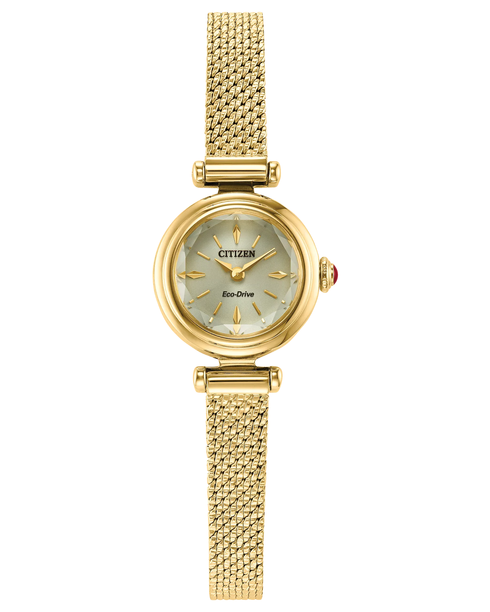 The Citizen Watch - Fio - EG7086-57P is a gold-tone stainless steel women's Eco-Drive watch featuring a round face, gold mesh band, and a red crown detail, shown against a plain white background.