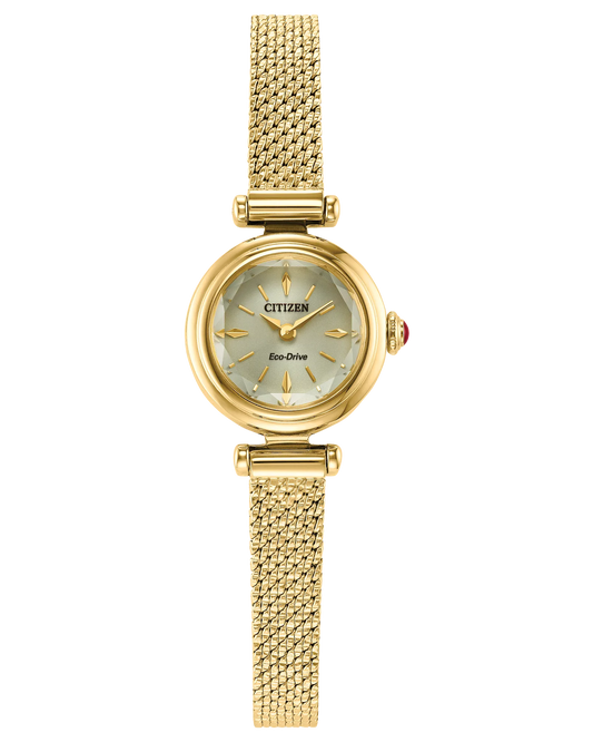 The Citizen Watch - Fio - EG7086-57P is a gold-tone stainless steel women's Eco-Drive watch featuring a round face, gold mesh band, and a red crown detail, shown against a plain white background.