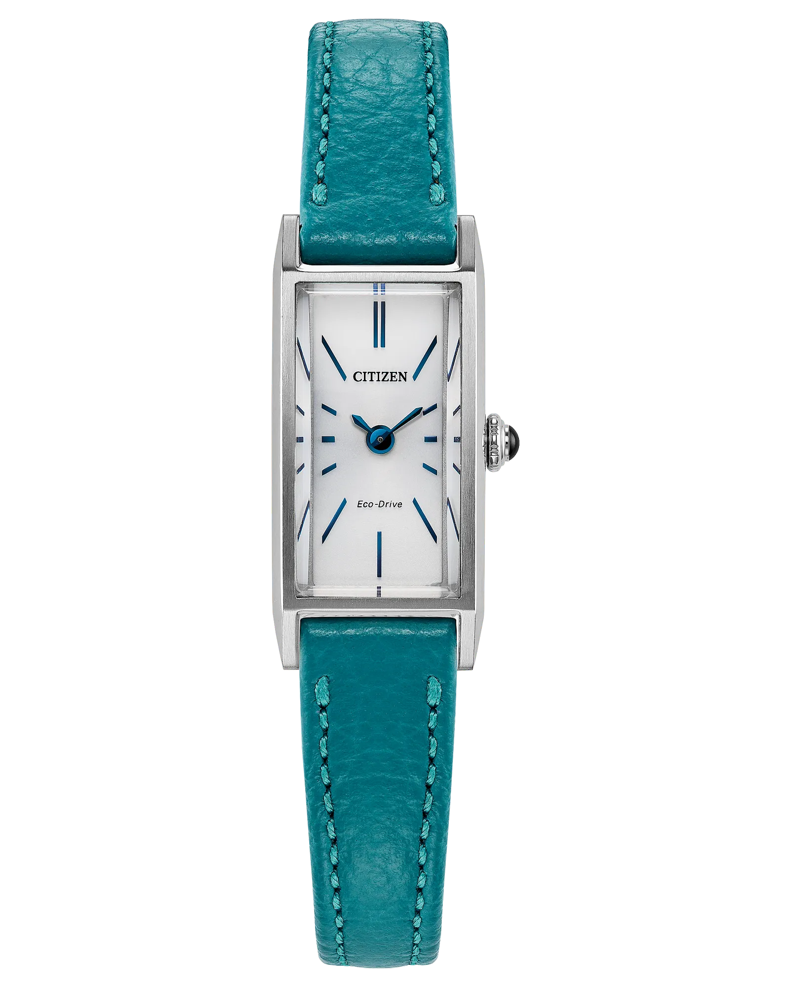 The Citizen Watch - Fio - EG7120-00A is a women’s rectangular silver-tone Eco-Drive watch with a white face, blue markers and hands, silver case, and teal leather strap. This Citizen timepiece has a minimalist dial without numbers.