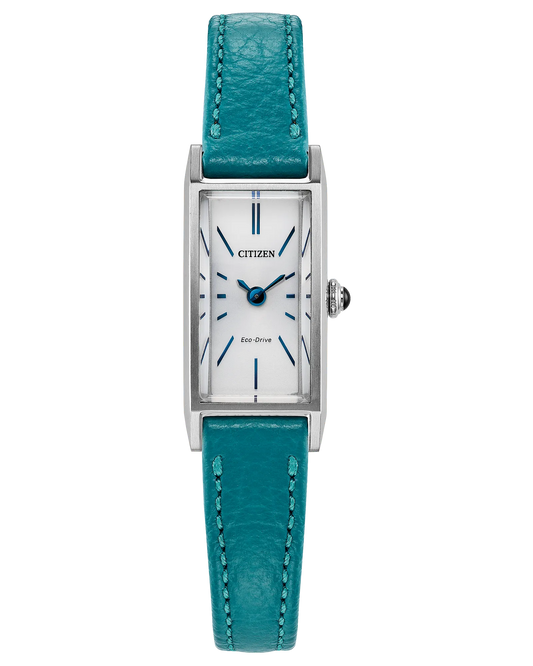 The Citizen Watch - Fio - EG7120-00A is a women’s rectangular silver-tone Eco-Drive watch with a white face, blue markers and hands, silver case, and teal leather strap. This Citizen timepiece has a minimalist dial without numbers.