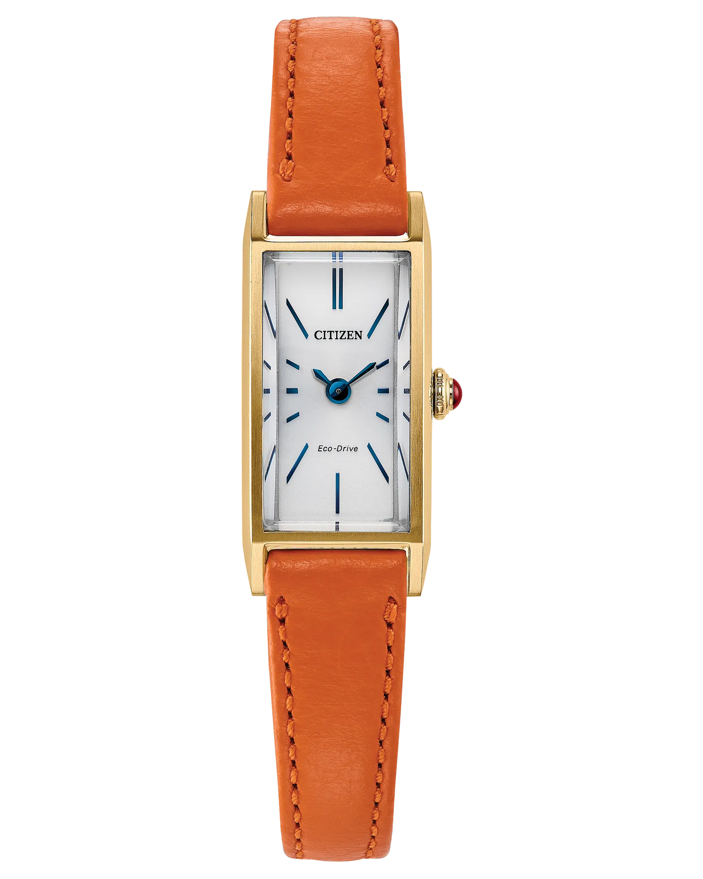 The Citizen Watch - Fio - EG7122-04A features a rectangular gold-tone stainless steel case, white dial with blue hands and slim markers, an orange leather strap, and Eco-Drive technology for lasting performance.