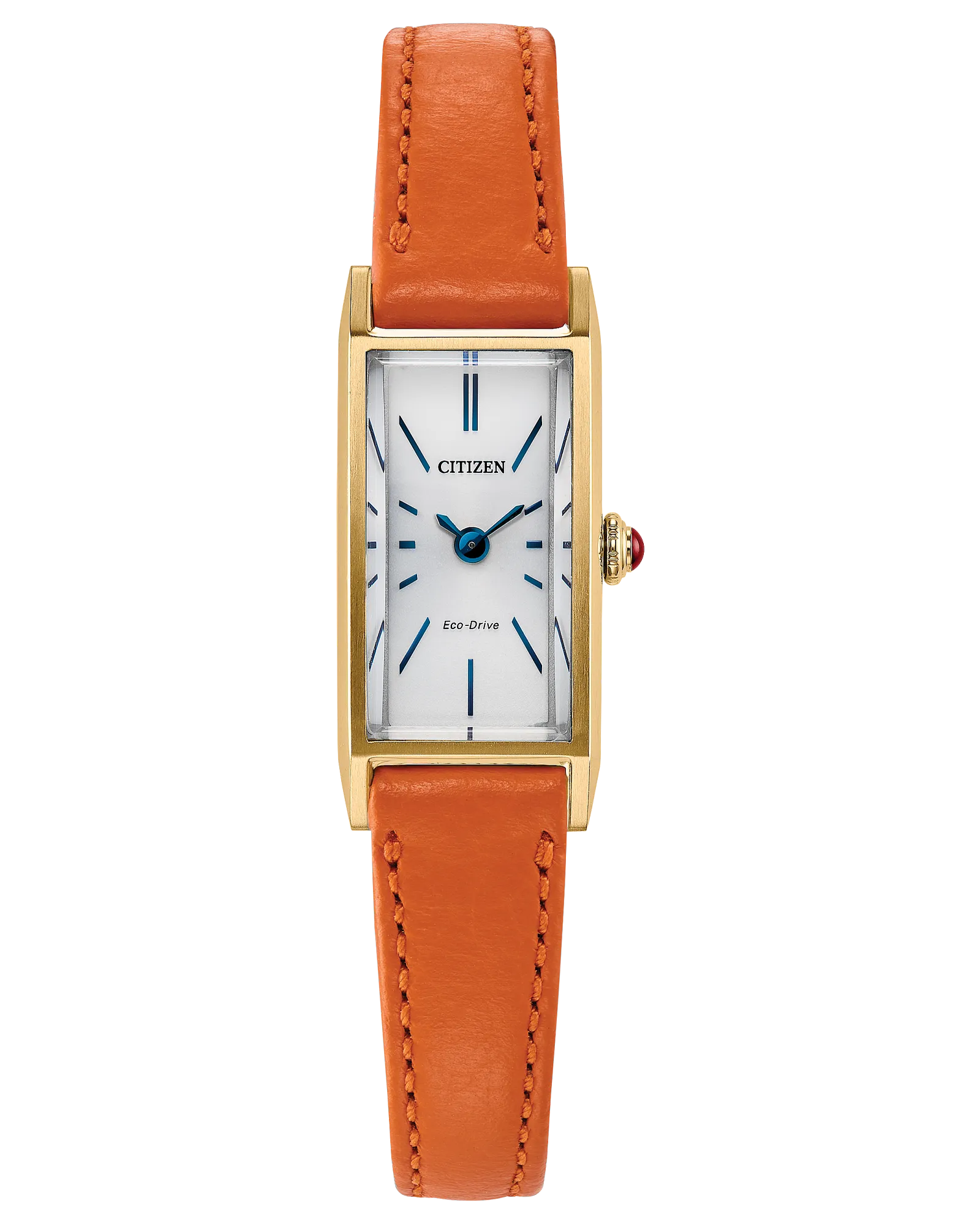 The Citizen Watch - Fio - EG7122-04A features a rectangular gold-tone stainless steel case, white dial with blue hands and slim markers, an orange leather strap, and Eco-Drive technology for lasting performance.
