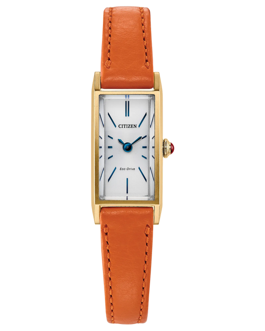 The Citizen Watch - Fio - EG7122-04A features a rectangular gold-tone stainless steel case, white dial with blue hands and slim markers, an orange leather strap, and Eco-Drive technology for lasting performance.