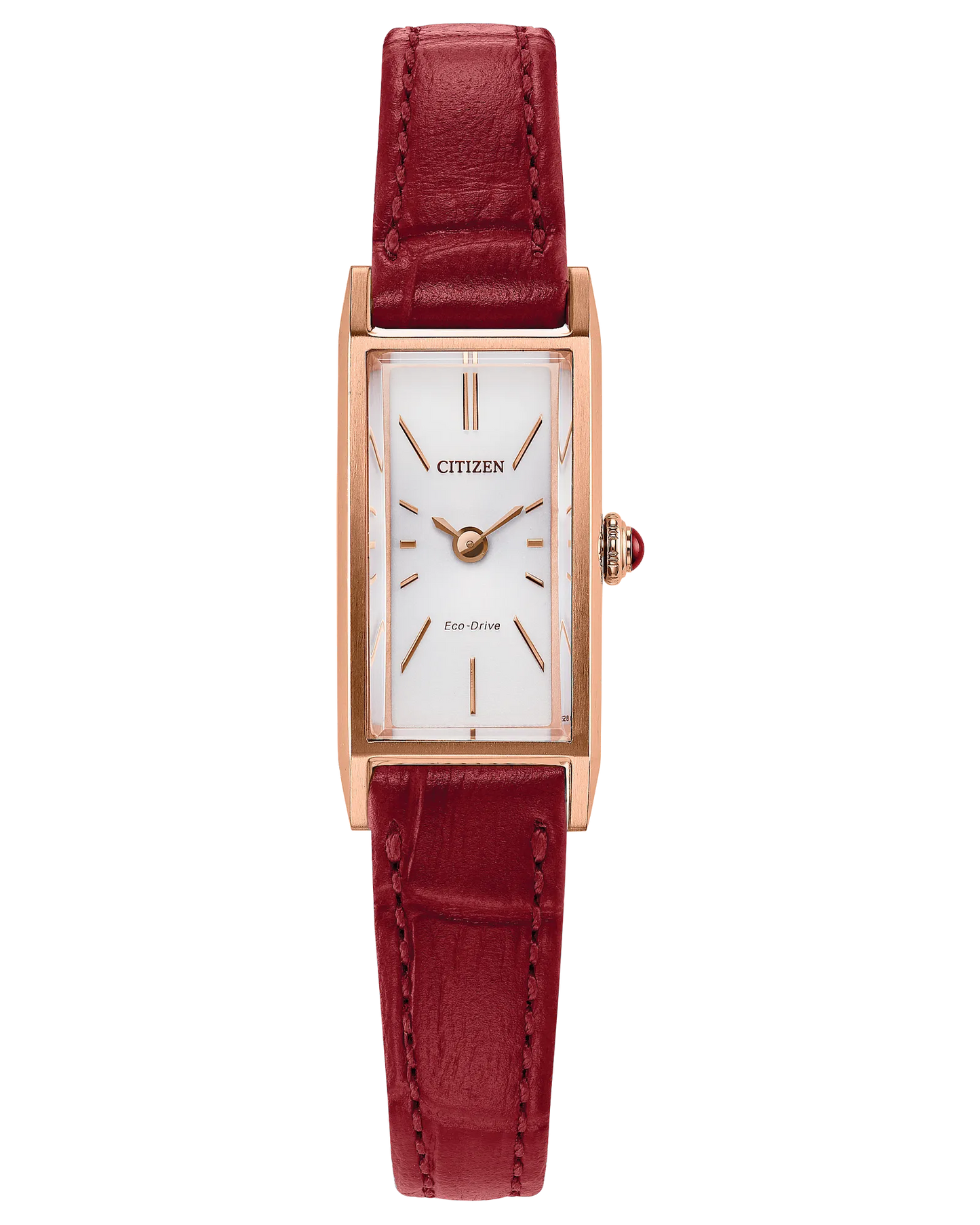 The Citizen Watch - Fio - EG7123-01A is a women's rectangular rose gold-tone timepiece with a white dial, gold hour markers, and a bold red leather strap.