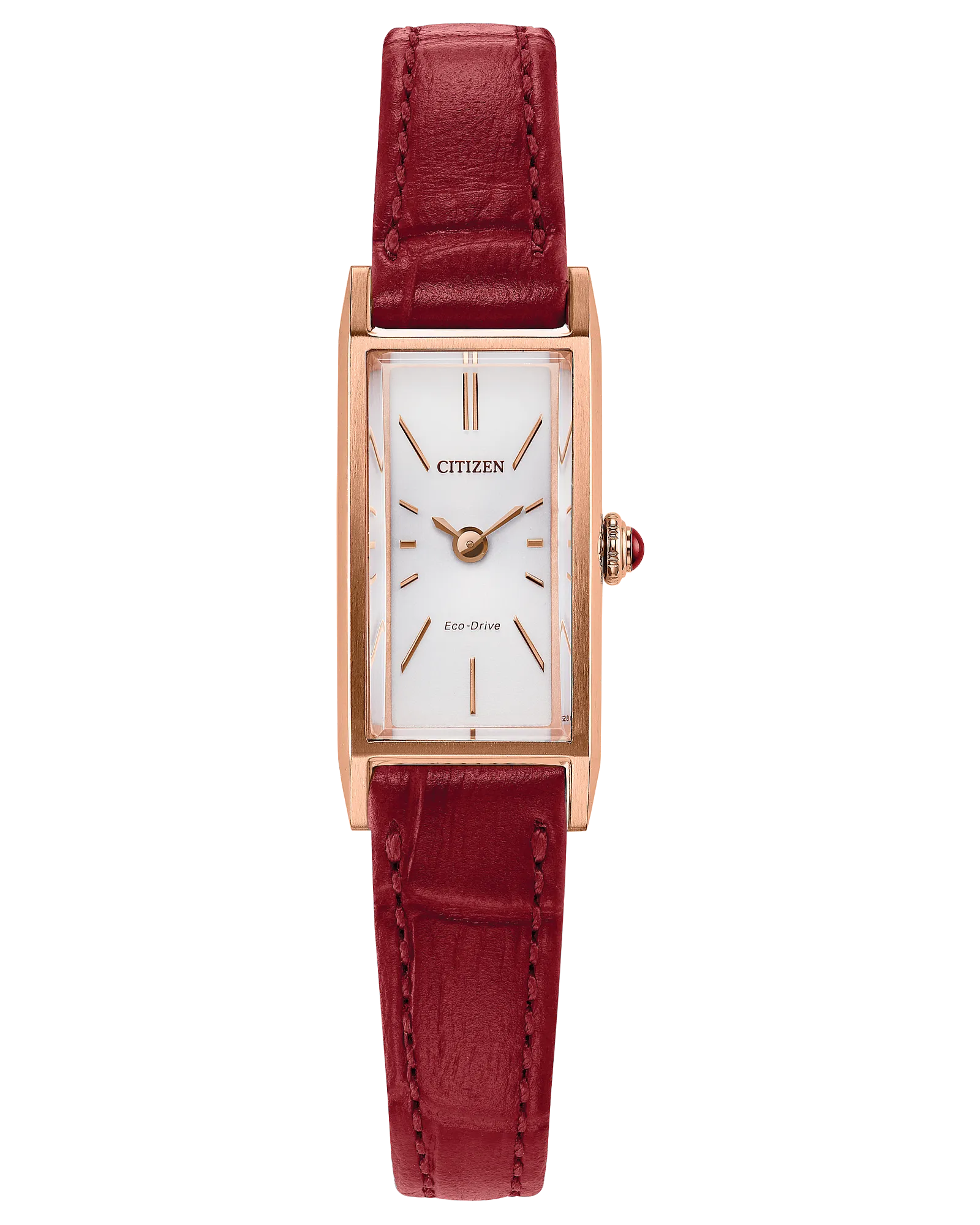The Citizen Watch - Fio - EG7123-01A is a women's rectangular rose gold-tone timepiece with a white dial, gold hour markers, and a bold red leather strap.