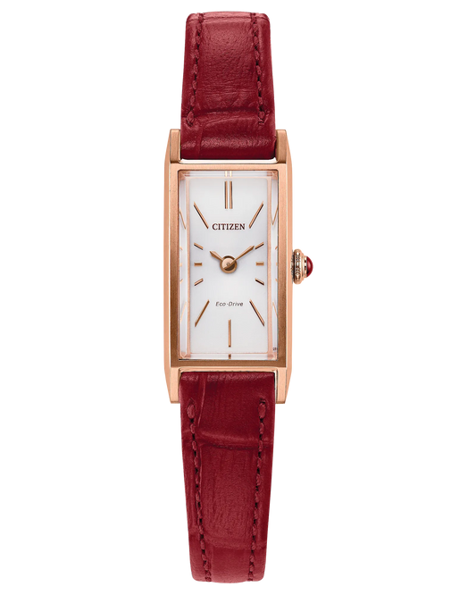 The Citizen Watch - Fio - EG7123-01A is a women's rectangular rose gold-tone timepiece with a white dial, gold hour markers, and a bold red leather strap.