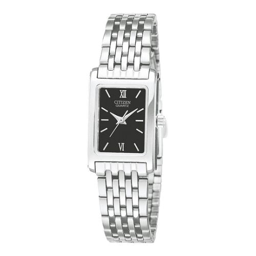 A Citizen brand quartz watch with a black dial and silver-tone bracelet, featuring a fold-over clasp with push buttons.
