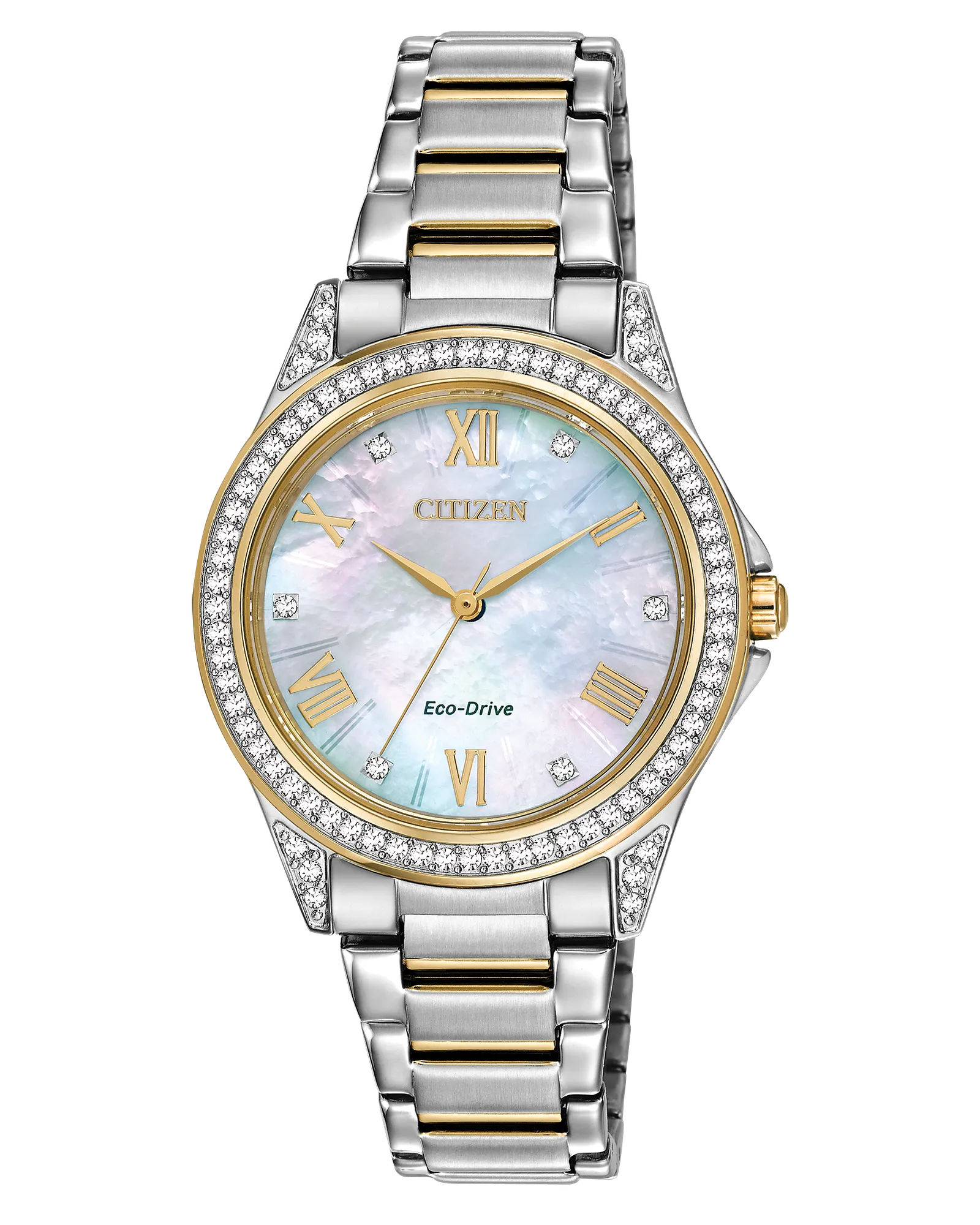 The Citizen Watch - Sport Casual - EM0234-59D features a two-tone stainless steel band, diamond-accented bezel, mother-of-pearl dial, gold Roman numerals, and crystal hour markers.