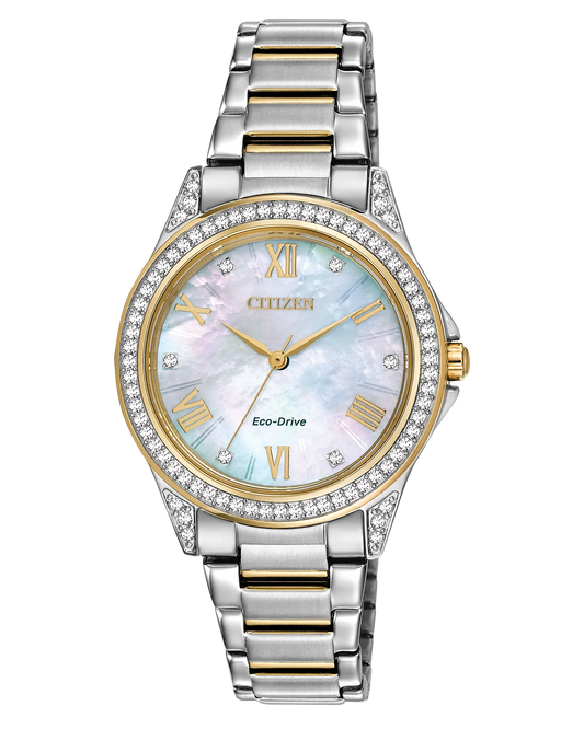 The Citizen Watch - Sport Casual - EM0234-59D features a two-tone stainless steel band, diamond-accented bezel, mother-of-pearl dial, gold Roman numerals, and crystal hour markers.