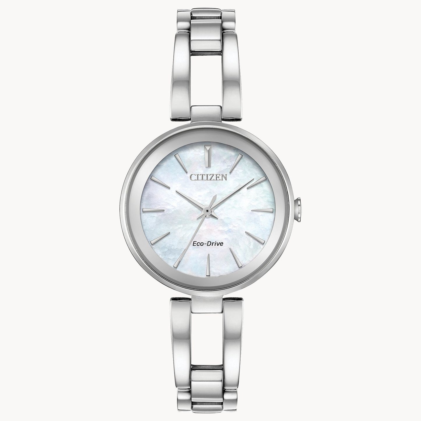 The Citizen Watch - Axiom - EM0630-51D is a silver wristwatch with a metal link band, round iridescent white dial, minimalist silver markers and hands, and Eco-Drive on the face.