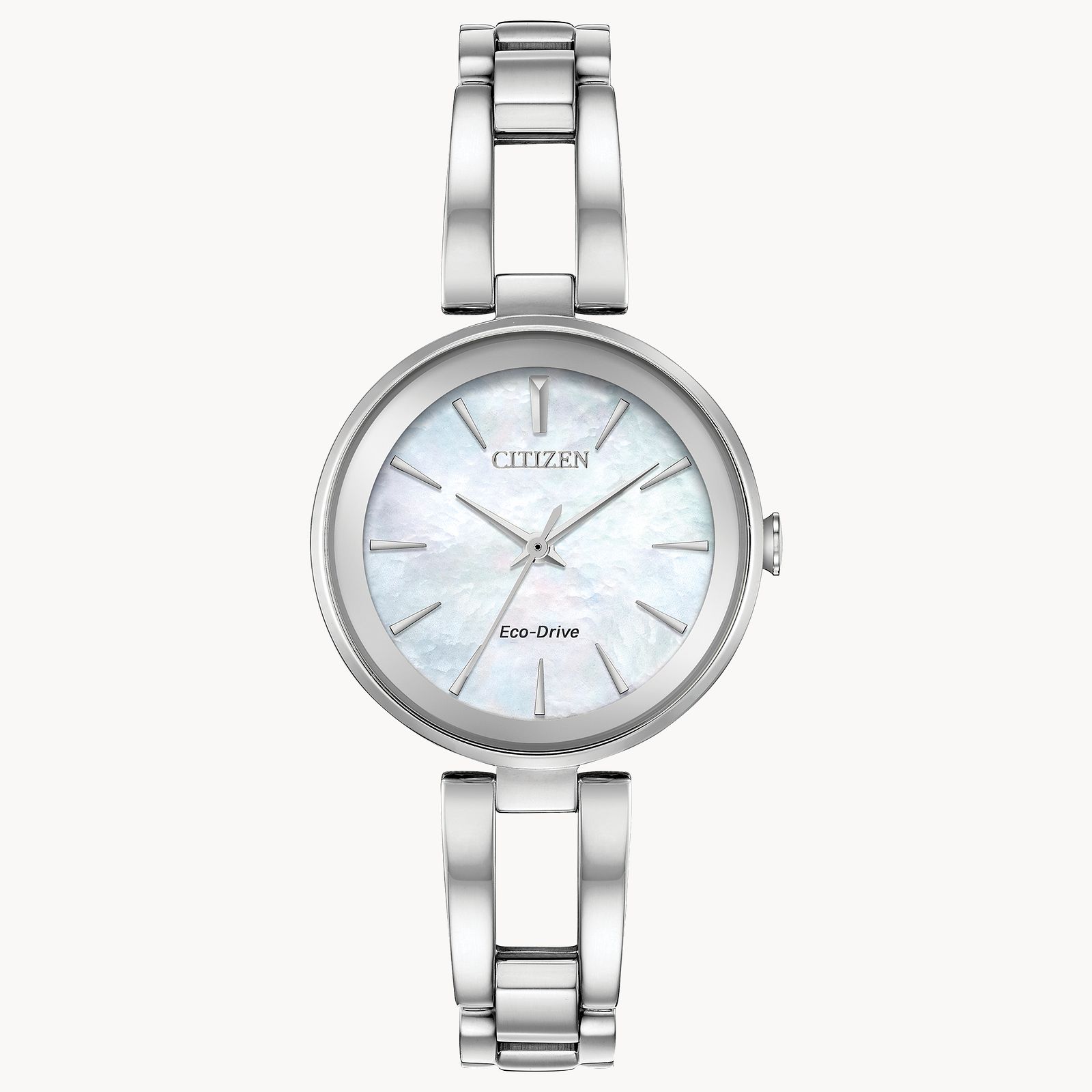 The Citizen Watch - Axiom - EM0630-51D is a silver wristwatch with a metal link band, round iridescent white dial, minimalist silver markers and hands, and Eco-Drive on the face.