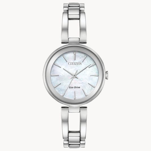 The Citizen Watch - Axiom - EM0630-51D is a silver wristwatch with a metal link band, round iridescent white dial, minimalist silver markers and hands, and Eco-Drive on the face.