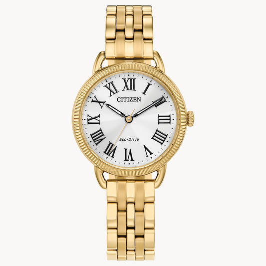 The Citizen Watch - Classic Coin Edge (EM1052-51A) features a gold-tone stainless steel case, white dial with black Roman numerals, two hands, a linked gold band, coin edge bezel, and CITIZEN Eco-Drive branding.