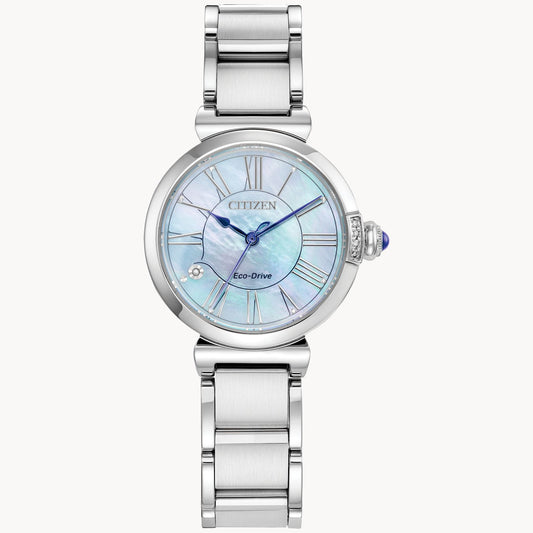 The Citizen Corso BM7333-85E ladies watch offers sustainable luxury with a silver-tone linked band, round case, blue-accented crown, and crystal on the dial. Its Eco-Drive tech powers a light blue mother-of-pearl face with Roman numerals.