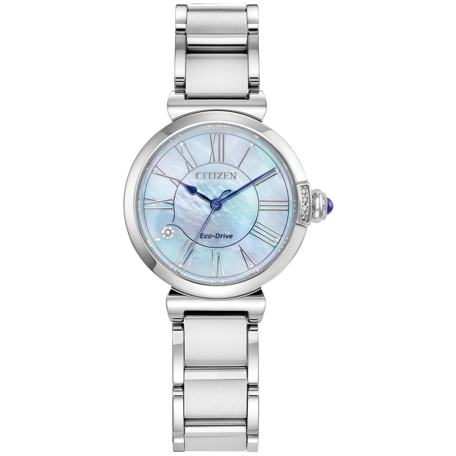 The Citizen Watch - Citizen L Mae (EM1060-52N) is a silver women’s timepiece by Citizen, featuring a light blue iridescent face with Roman numerals, a crystal at 8 o’clock, and an elegant silver bracelet band for sustainable luxury.