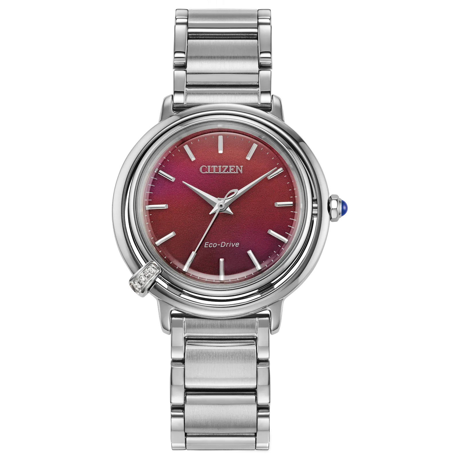 The Citizen Watch - L Arcly - EM1091-67X features a metallic silver link band, round red gradient dial, silver hour markers, and a decorative gem at 8 o’clock.