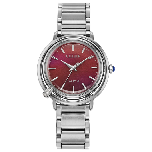 The Citizen Watch - L Arcly - EM1091-67X features a metallic silver link band, round red gradient dial, silver hour markers, and a decorative gem at 8 o’clock.