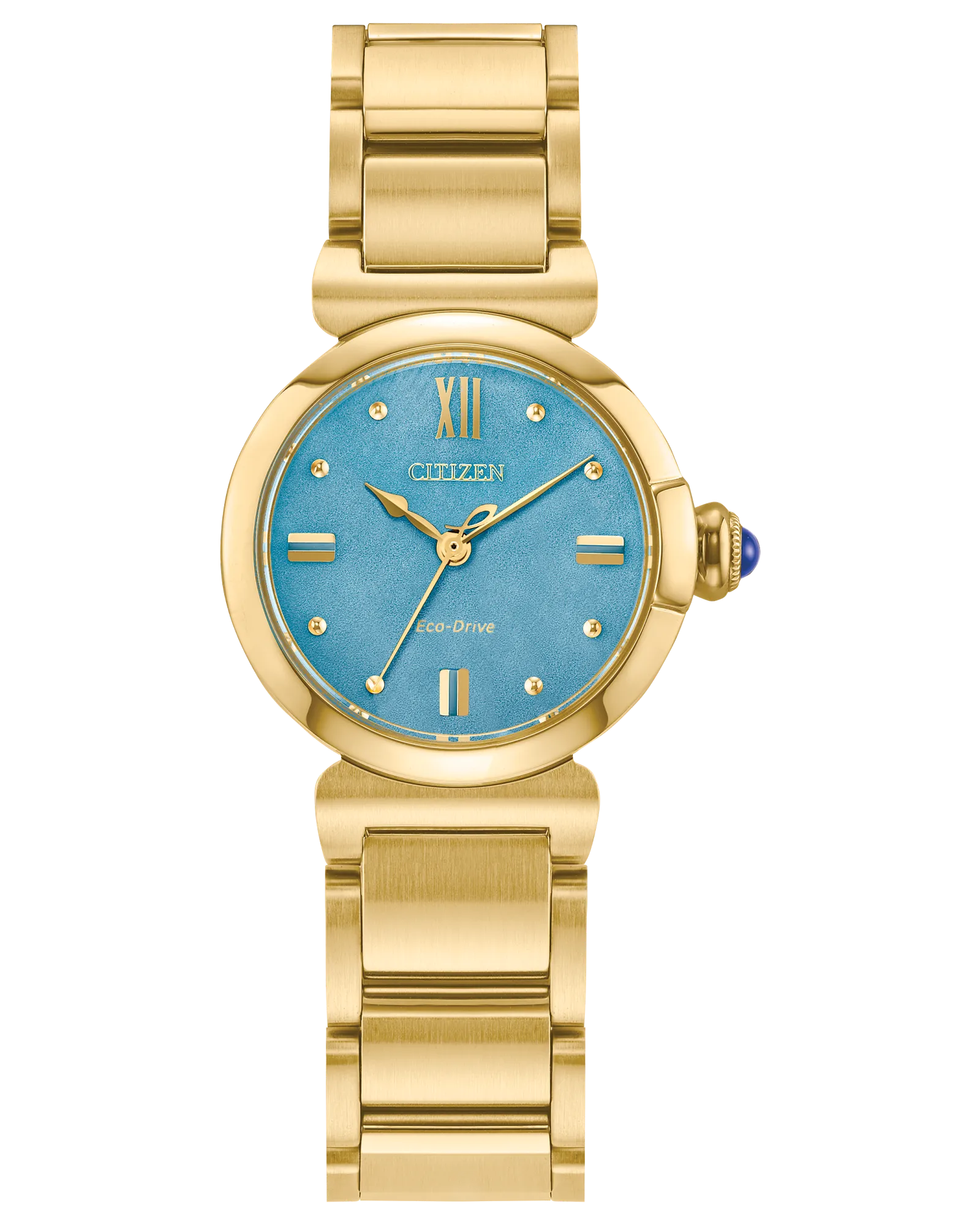 The Citizen L Mae (EM1133-85L) by Citizen is a gold Eco-Drive ladies’ watch with a turquoise blue face, gold hour markers, Roman numerals at 12 and 6, a gold metal band, and a small blue cabochon on the crown.