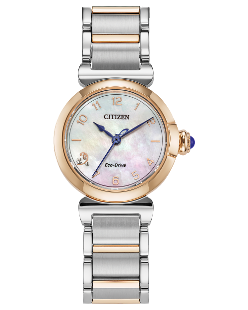 The Citizen L Mae Eco-Drive (EM1136-87D) by Citizen features a two-tone silver and gold bracelet, gold-tone bezel, white mother-of-pearl dial with gold Arabic numerals and hands, blue-accented crown—an elegant example of sustainable luxury.