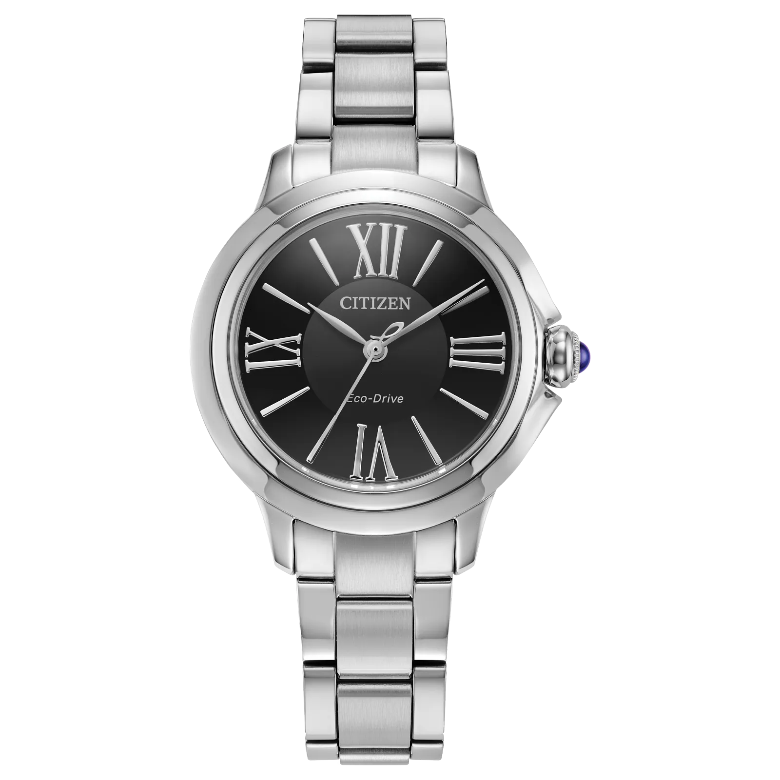 The Citizen Watch - Ceci - EM1160-58E features a silver-tone stainless steel case and band, black dial with silver Roman numerals, and is displayed against a plain white background.