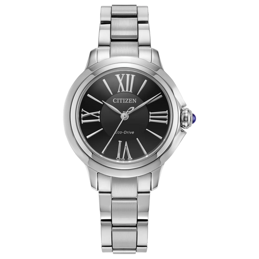 The Citizen Watch - Ceci - EM1160-58E features a silver-tone stainless steel case and band, black dial with silver Roman numerals, and is displayed against a plain white background.