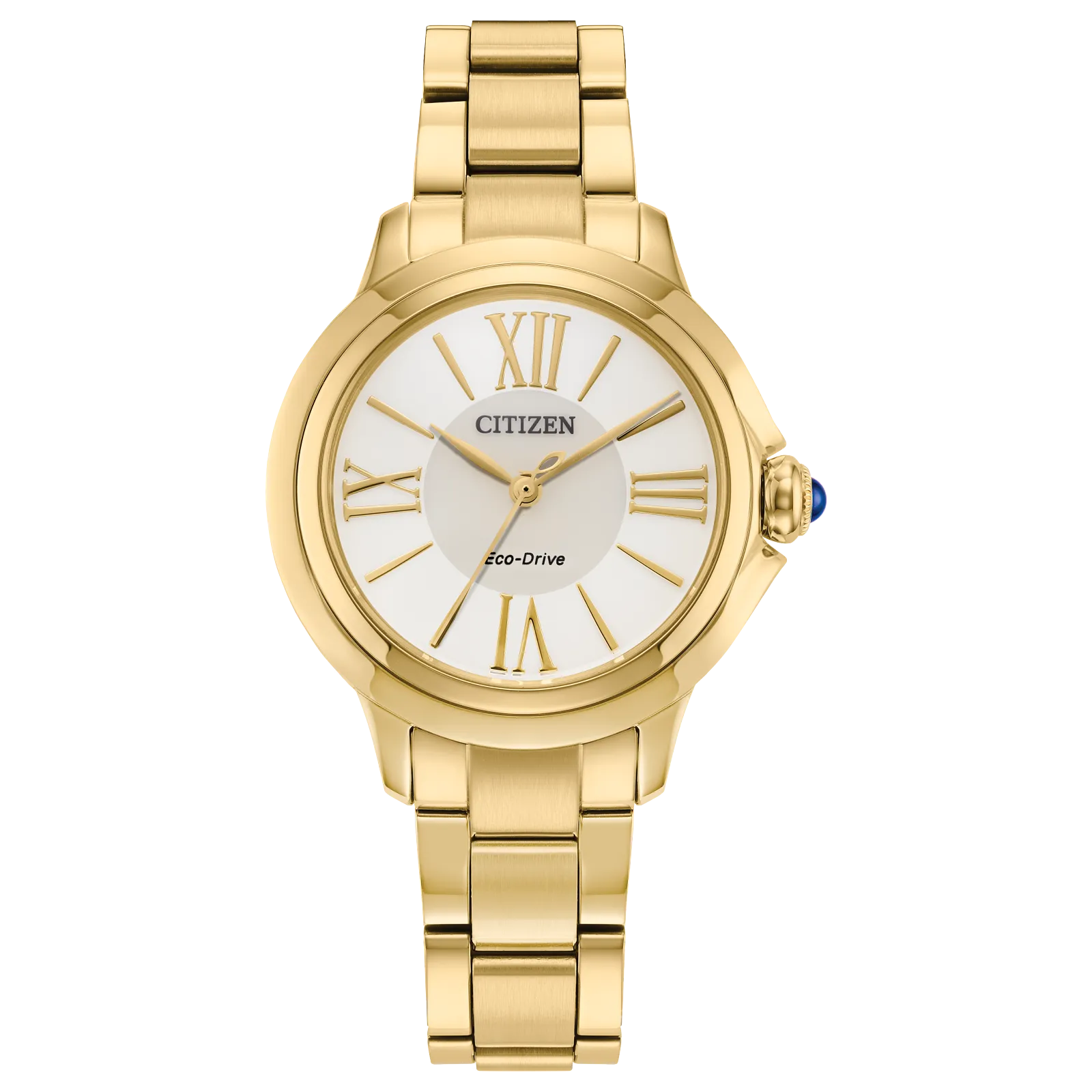 The Citizen Watch - Ceci - EM1162-52A by Citizen features a gold-tone stainless steel case, white dial with gold Roman numerals, and a matching gold bracelet—an elegant women’s timepiece displayed on a plain white background.