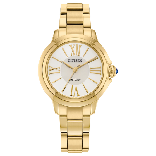 The Citizen Watch - Ceci - EM1162-52A by Citizen features a gold-tone stainless steel case, white dial with gold Roman numerals, and a matching gold bracelet—an elegant women’s timepiece displayed on a plain white background.