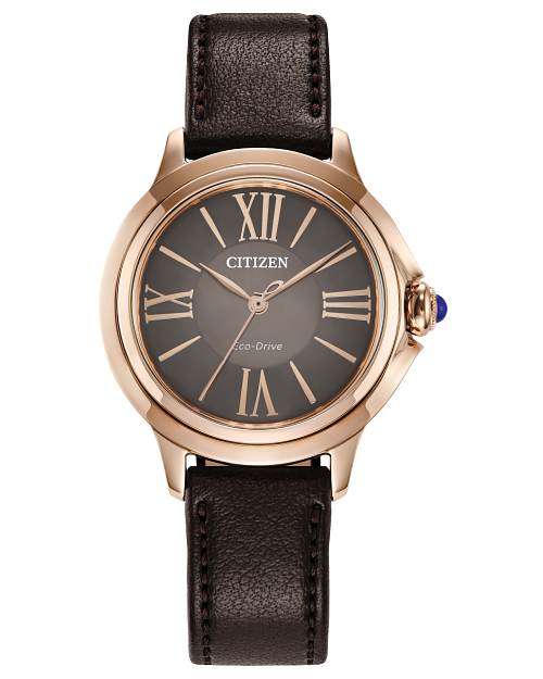 Citizen Watch - Ceci - EM1163-09X by Citizen features a rose gold-tone round case, brown Roman numeral dial, black leather strap, and a blue-accented crown—an elegant choice for women who appreciate refined style.