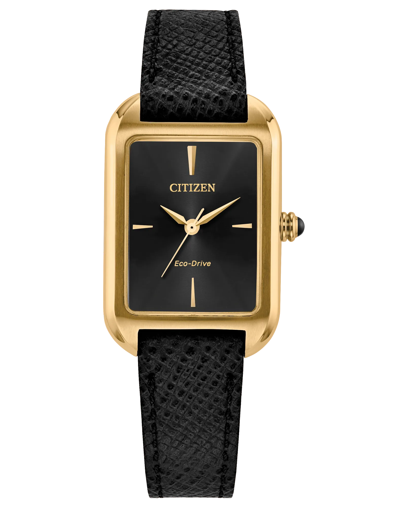 The Citizen Watch - Dress Classic - EM1192-01E features a rectangular gold-tone stainless steel case, black dial with gold accents, and a textured black leather strap.