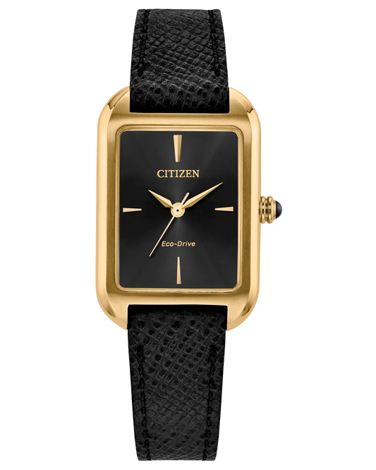 The Citizen Watch - Dress Classic - EM1192-01E features a rectangular gold-tone stainless steel case, black dial with gold accents, and a textured black leather strap.