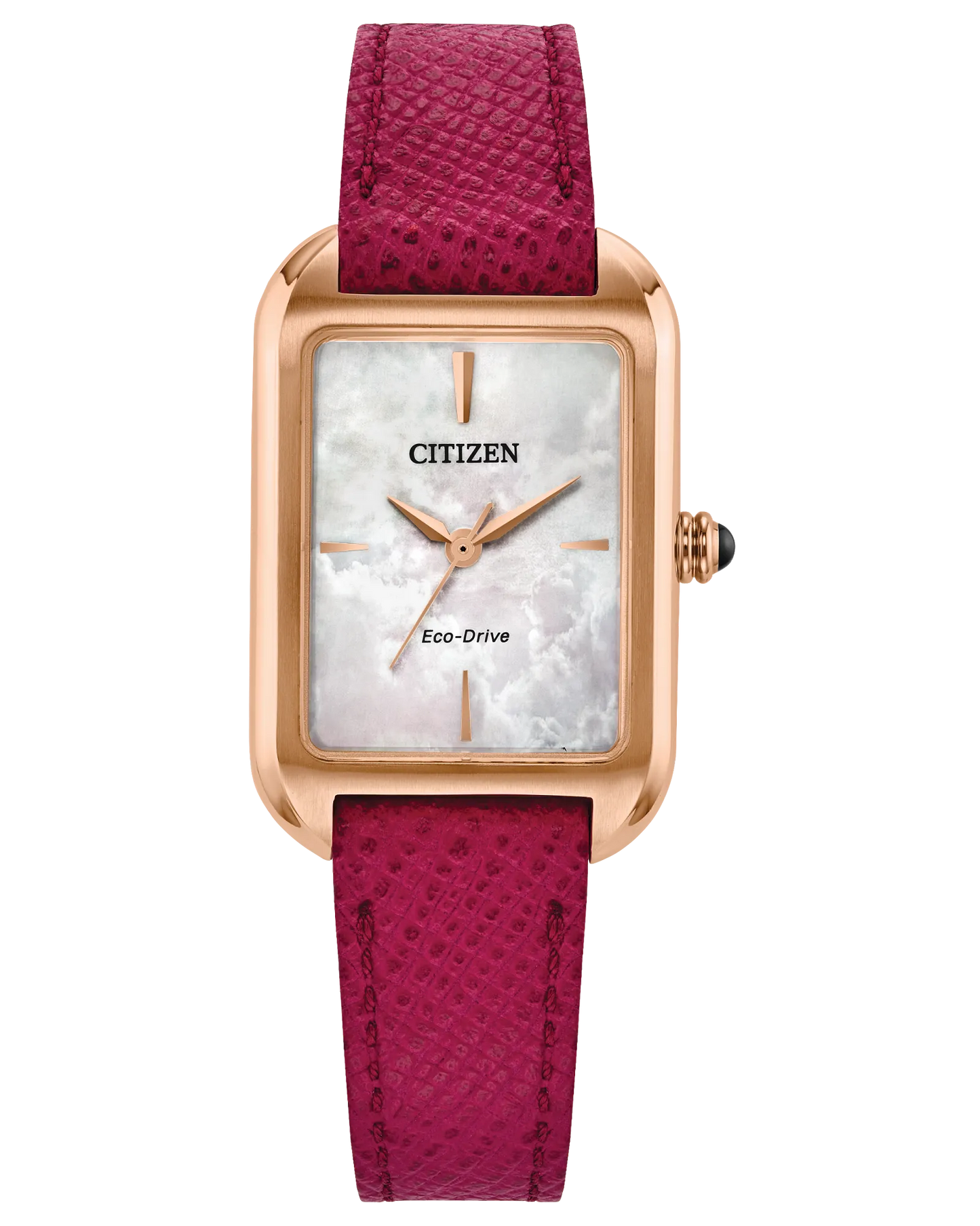 The Citizen Watch - Dress Classic - EM1193-08D features a rectangular rose gold-tone case, white mother-of-pearl dial, pink textured leather strap, gold-tone hands, and a sleek minimalistic design for an elegant look.