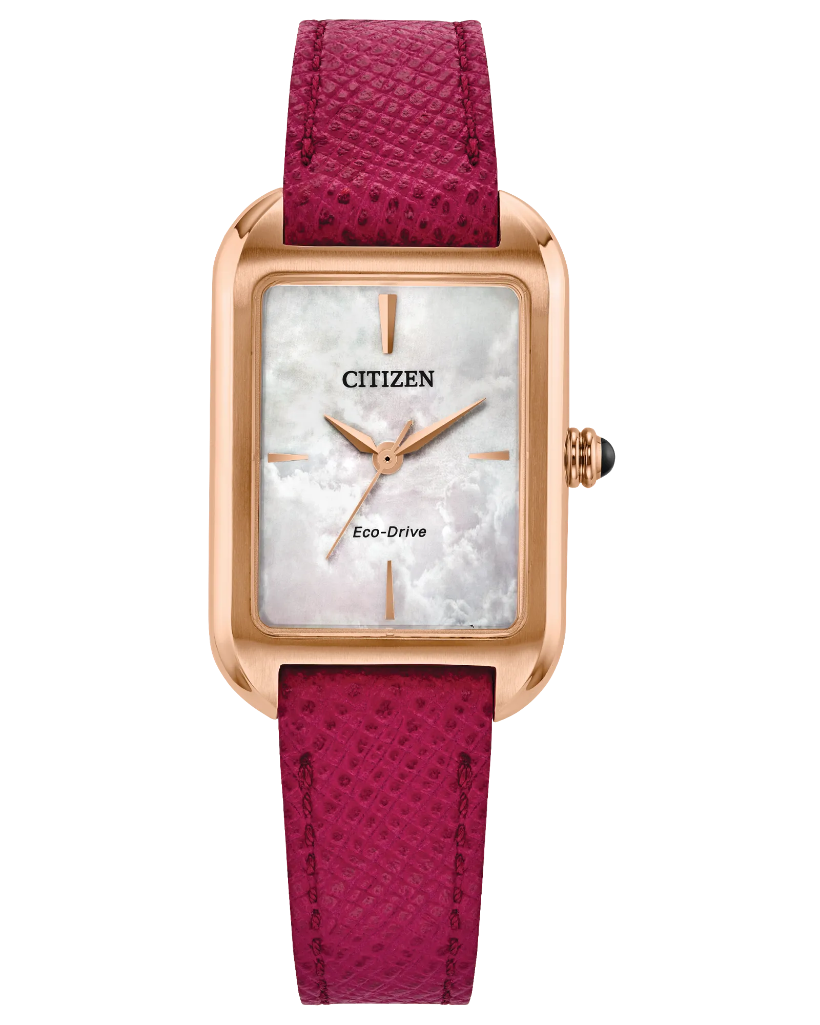 The Citizen Watch - Dress Classic - EM1193-08D features a rectangular rose gold-tone case, white mother-of-pearl dial, pink textured leather strap, gold-tone hands, and a sleek minimalistic design for an elegant look.