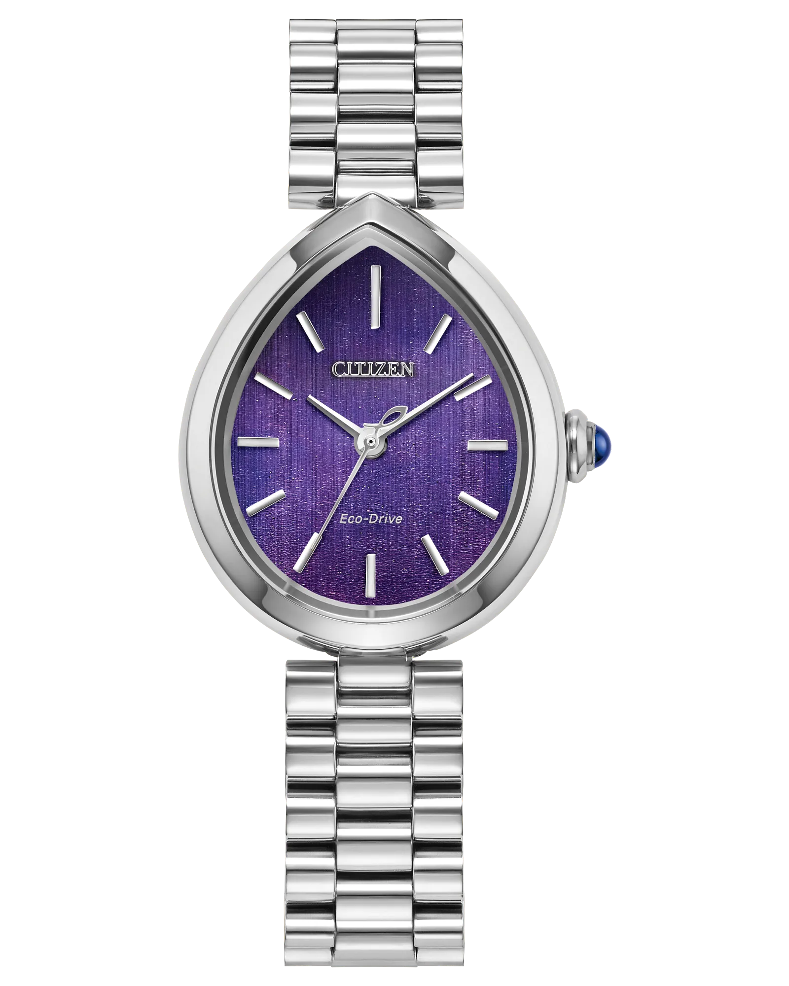 The Citizen L Rainell EM1200-55X by Citizen is a silver Eco-Drive watch with a teardrop case, metallic bracelet, purple textured face with silver markers and hands, sapphire crystal dial, and a blue-accented crown for an elegant finish.