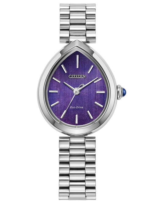 The Citizen L Rainell EM1200-55X by Citizen is a silver Eco-Drive watch with a teardrop case, metallic bracelet, purple textured face with silver markers and hands, sapphire crystal dial, and a blue-accented crown for an elegant finish.
