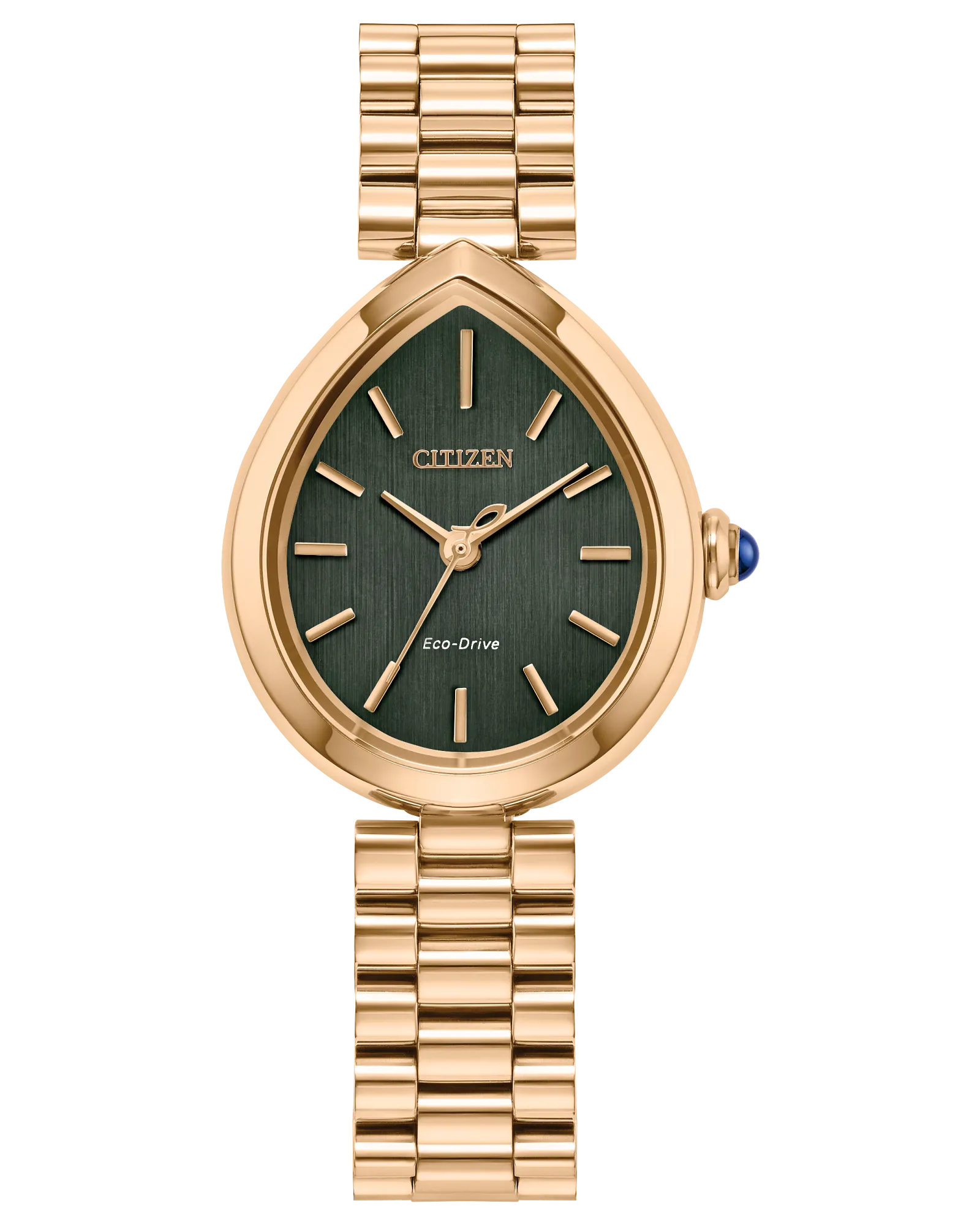 The Citizen L Rainell - EM1203-57X by Citizen features a gold teardrop-shaped case, green dial, gold markers and hands, gold metal link band, blue-detailed crown, and displays "Citizen" and "Eco-Drive" on the face.