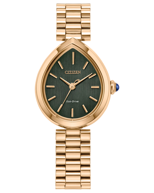 The Citizen L Rainell - EM1203-57X by Citizen features a gold teardrop-shaped case, green dial, gold markers and hands, gold metal link band, blue-detailed crown, and displays "Citizen" and "Eco-Drive" on the face.